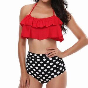 BLACK WHITE POLKADOT RUCHED HIGH-WAIST BIKINI BOTTOM SIZE MED NWOT